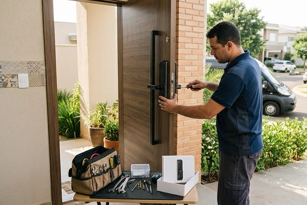 Fechadura digital moderna em uma porta de casa em Cascavel.